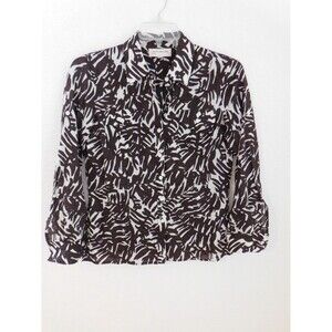 Jones New York Long Sleeve Button Front Blouse Brown White Semi Sheer M